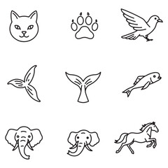 Leinwandbilder - Collection of simple line art animal icons including cat paw bird fish elephant and horse