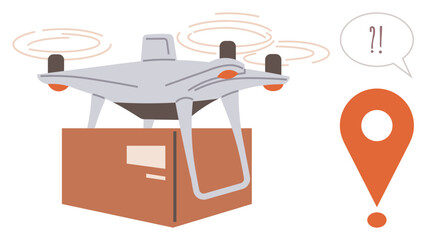 Poster - Flying drone carrying a box accompanied by location pin and speech bubble, suggesting delivery confusion. Ideal for logistics, innovation, e-commerce, technology, delivery services, customer support