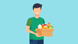 © Generative AI - Smiling faceless man in a green shirt holding a cardboard box filled with fresh groceries and drinks.