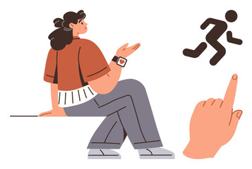Poster - Woman in casual outfit sitting and gesturing while pointing finger emphasizes a running figure. Ideal for communication, brainstorming, decision-making, leadership, innovation, motivation, teamwork