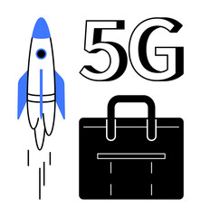 Poster - Rocket launching upwards, large 5G text, and a business briefcase suggesting technology, innovation, and progress. Ideal for business, innovation, technology, success communication speed strategy