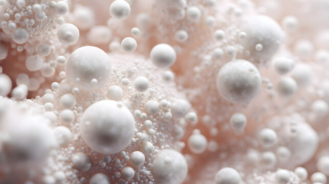 Close-up view of an organic structure composed of many tiny white spheres, some floating above the textured surface. Soft, dreamlike quality.