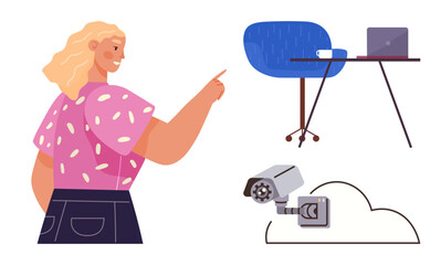 Poster - Woman pointing at a minimalist workspace with a table, laptop, chair, and cloud-connected security camera below. Ideal for office security, technology, remote work, cloud solutions, monitoring
