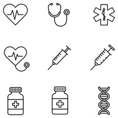 Poster - Medical and healthcare icons set featuring heart ecg syringe pills and dna outline illustrations