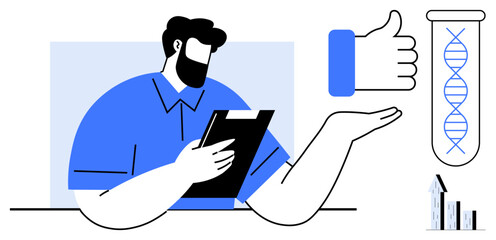 Poster - man holding clipboard, dna strand in test tube, thumbs-up gesture, and growth chart. ideal for healt