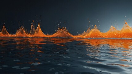 Wall Mural - a striking close-up of vibrant orange waves crashing against a calm blue water surface, creating a m