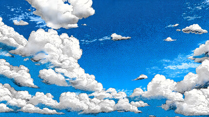Poster - Cartoon cloud background vector illustration with blue sky and halftone effect for graphic design use