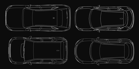 Poster - A top-view car blueprint on a black background features detailed contours and precise technical outlines. The minimalist design highlights the vehicle's structure with clean lines and accurate.