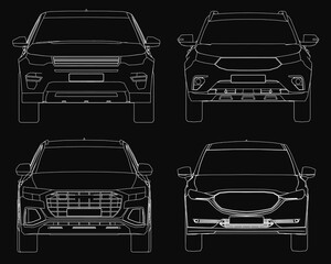 Poster - Four car blueprints in identical contour outlines on a black background, featuring distinct designs with visible headlights, grilles, wheels. The set highlights sleek automotive concepts. Front view