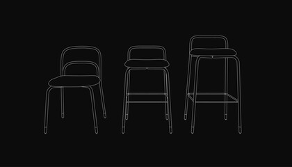 Poster - Three minimalist stools in a triangular arrangement feature varied line weights for visual interest. The tallest stool stands centrally, flanked by two smaller ones on a black background.