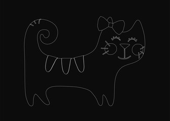 Poster - A black and white contour drawing of a cat wearing a delicate bow on its head, set against a dark background. The minimalist design highlights clean lines and elegant simplicity.