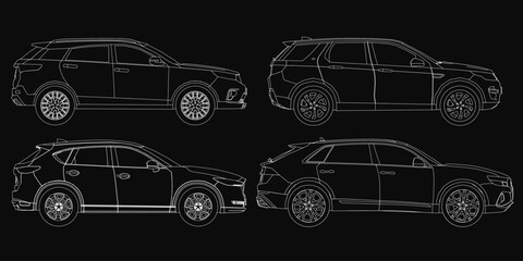 Poster - Four detailed car contour views on a black background showcase the vehicle's blueprint from multiple angles. The set highlights sleek design, precise outlines, and professional presentation.