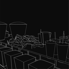 Poster - A black and white illustration of a cinema cart with glasses, straws, and boxes arranged neatly on a table. The dark background creates stark contrast, emphasizing the clean contour lines.