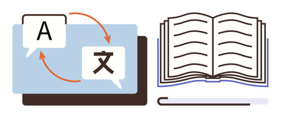 Poster - Speech bubbles with language symbols, arrows indicating translation exchange, open book and pen. Ideal for education, translation, communication, linguistics, study, learning multilingual content
