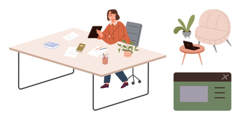 Poster - Woman seated at desk holding tablet, surrounded by plants, books, papers, and modern furniture. Ideal for workplace setup, productivity, remote work, creativity education online study or simple