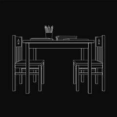 Poster - A black and white contour drawing of a table and two chairs, set in a kids' room with simple decor. A few objects rest on the table, creating a minimalist scene.