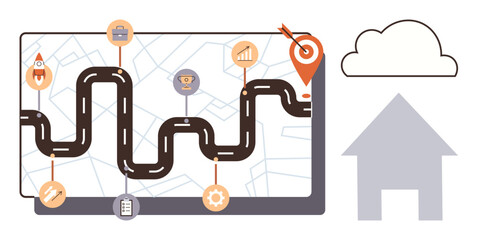 Poster - Road stretching across a digital map with icons for tasks, milestones, and goal marker. Ideal for planning, strategy, business growth, navigation, progress tracking, project management simple flat