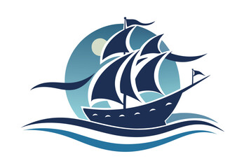  Elegant sailing ship emblem logo on ocean waves under moonlit sky vector illustration maritime adventures and nautical themes