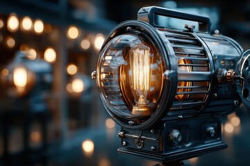 Poster - Vintage industrial light fixture illuminates a stylish interior space during evening hours