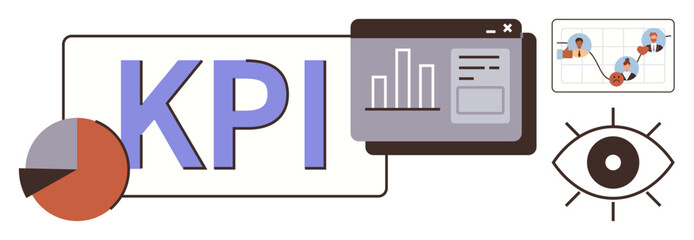Poster - KPI text with pie chart, dashboard with bar graphs, network diagram, and eye symbol. Ideal for analytics, performance tracking, goals, monitoring, strategy data visualization simple flat metaphor