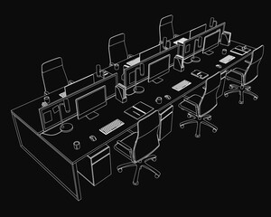Fototapete - A black and white line drawing of an office desk with multiple monitors, keyboards, and mice arranged neatly. The set includes chairs and other office furniture.