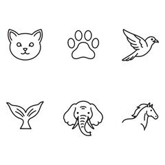 Poster - Simple line art illustrations of various animals including cat pawprint bird elephant and horse