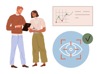 Poster - Two colleagues collaborating over tablet, analyzing data graphs. Blue eye icon signifies monitoring, tracking, and precision. Ideal for technology, teamwork, analytics, research planning