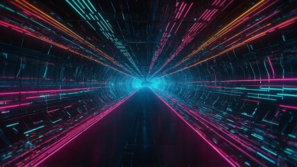 Poster - Dynamic neon tunnel with vibrant pink and blue lines creating a futuristic atmosphere.