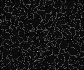 Poster - Small irregular stones form a textured black and white pattern with distinct contours. The monochrome background highlights the natural shapes and rough edges.