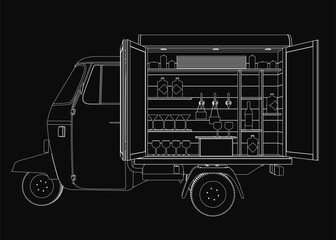 Poster - A black and white contour drawing of a small street truck converted into a mobile bar, loaded with bottles and glasses. Dark background enhances the mysterious atmosphere.