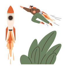 Poster - Person flying with jetpack beside a launching rocket and green foliage. Ideal for innovation, ambition, technology, growth, exploration, success, and creativity themes. Minimalist flat metaphor