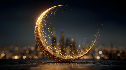 Poster - Glowing crescent moon shape formed by golden glitter particles against a blurred city background at night
