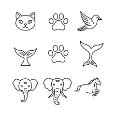 Leinwandbilder - Simple outline illustrations of animals including a cat paw bird whale tail elephant and horse