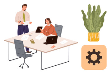Poster - Two professionals discussing work at a desk with laptops, tablets, and documents. Additional plant and gear element emphasizing productivity, growth, and teamwork. Ideal for teamwork, office