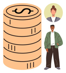 Poster - Large stack of coins with dollar sign next to man and woman icon, symbolizing wealth, savings, or business goals. Ideal for finance, investment, success, profit, strategy value simple flat metaphor