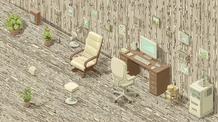 Poster - Isometric illustration of a home office space with wooden wall paneling.