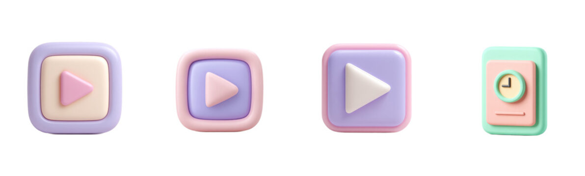 Pastel 3D icons arranged in a row. Play buttons, timer; cute aesthetic, modern design.