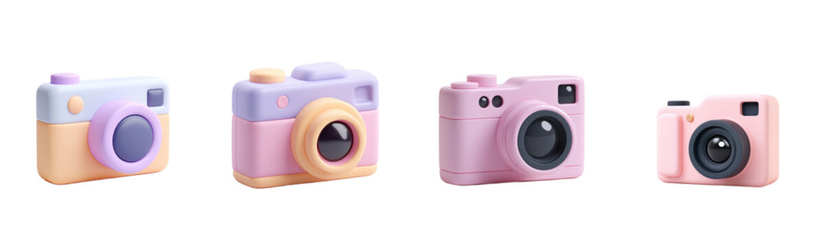 Cute cartoon camera icons in pastel colors. 3D rendered design elements for graphic design, toys, photography, art, illustration