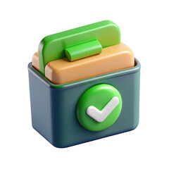 Poster - 3d toolbox with green checkmark icon symbolizing success and completion against background for design assets