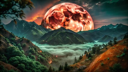 Wall Mural - pink moon rising over foggy mountain peaks