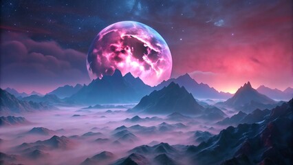 Wall Mural - pink moon rising over foggy mountain peaks