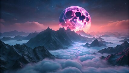 Wall Mural - pink moon rising over foggy mountain peaks
