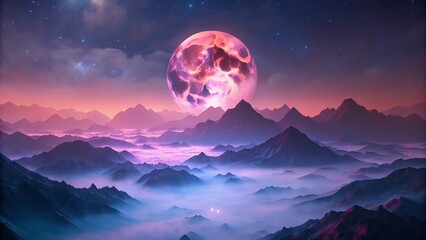 Wall Mural - pink moon rising over foggy mountain peaks