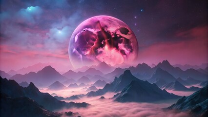 Wall Mural - pink moon rising over foggy mountain peaks