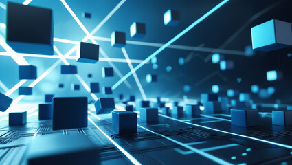 Wall Mural - Abstract digital landscape of glowing blue cubes interconnected by bright lines, representing data flow and connectivity.