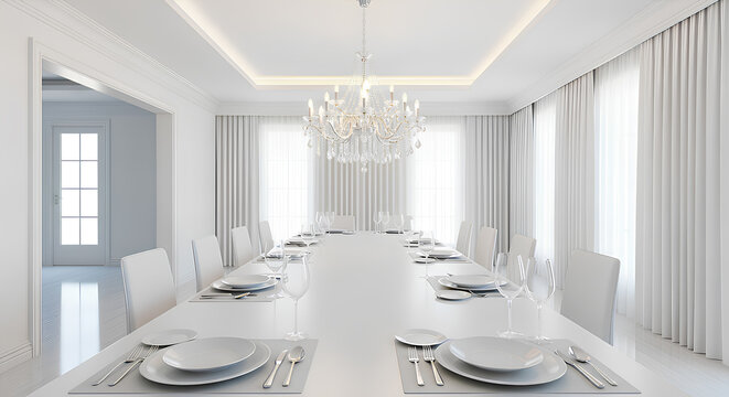 Blank white luxury dining room mockup, with chandelier and empty table setting, 3d rendering, upscale dining interior, restaurant branding mockup, formal dinner room scene