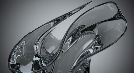 Poster - Abstract flowing glass sculpture with a smooth grey gradient studio background artfully displayed