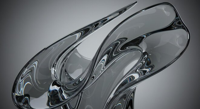 Abstract flowing glass sculpture with a smooth grey gradient studio background artfully displayed