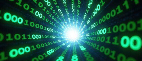 Fototapete - Digital tunnel with binary code flowing, representing technology and data. vibrant green numbers create sense of depth and movement