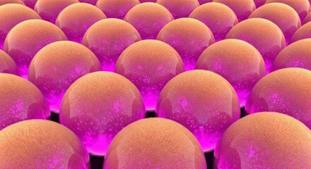 Poster - Rows of peach-fuzz textured spheres with glowing pink undersides create an abstract pattern